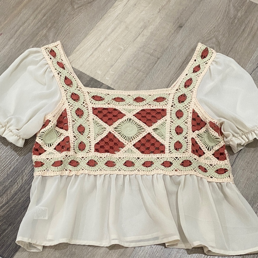 SHEIN Red and Cream Embroidered Blouse